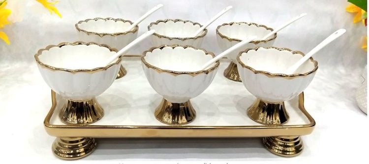 Glazed Bowl and Tray 7pc Set White JE7314-L1