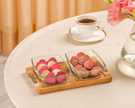 Snack Serving Tray with wooden base - 2 section 224459