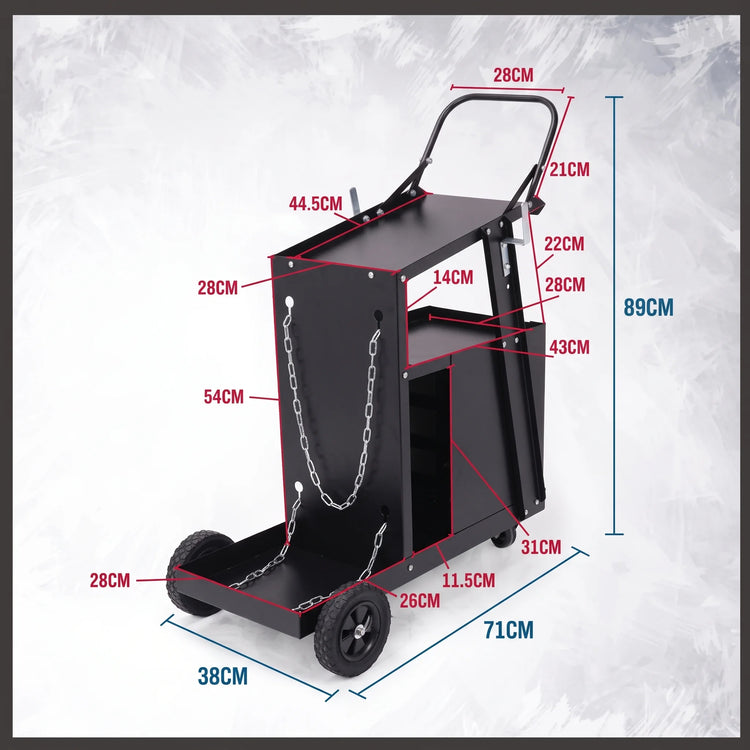 Black Welding Trolley 4 Tier 97343 with 4 drawers, 2 shelves, lockable tool storage, gas cylinder safety chains and mobile workshop wheels