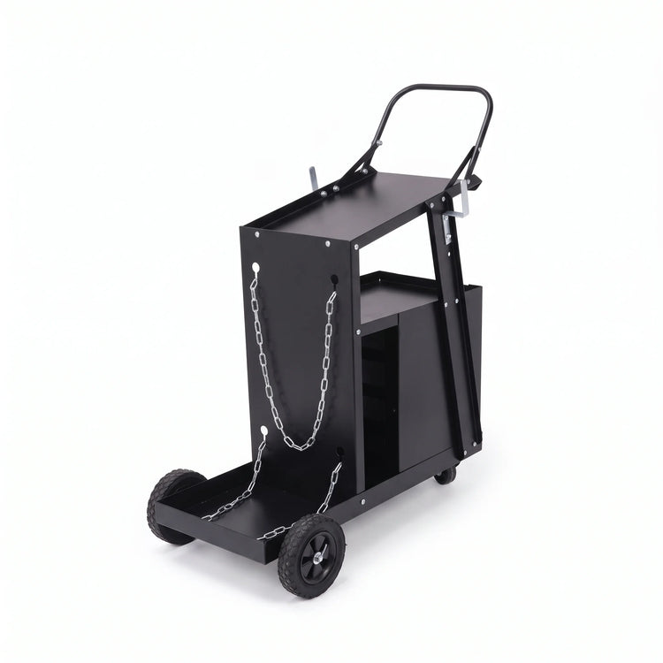 Black Welding Trolley 4 Tier 97343 with 4 drawers, 2 shelves, lockable tool storage, gas cylinder safety chains and mobile workshop wheels