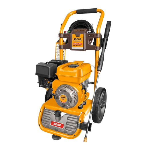 An INCCO pressure washer with a yellow and orange color scheme, featuring a gasoline engine, black wheels, a soap dispenser, and a black handle on a white background.