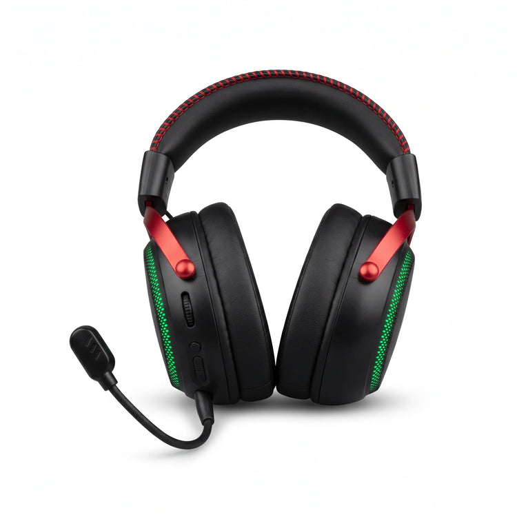 BW105 2.4GHz wireless over-ear gaming headset with RGB lighting, stereo sound, adjustable padded headband, soft ear cushions and boom microphone, assorted colours.