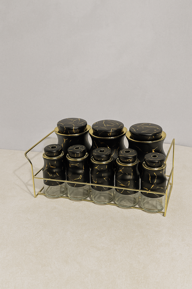 Spice Condiment Jars & Rack Stand 8pc O101