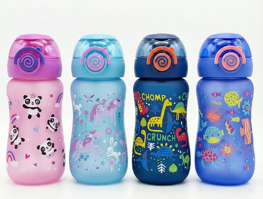 Four small Eyun kids water bottles with frosted finish and flip-top lids, featuring cartoon graphics of pandas, unicorns, dinosaurs, and sea life.