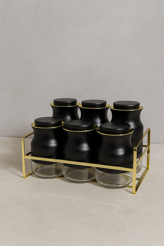 Spice Condiment Jars & Rack Stand 6pc Black O1033HJ