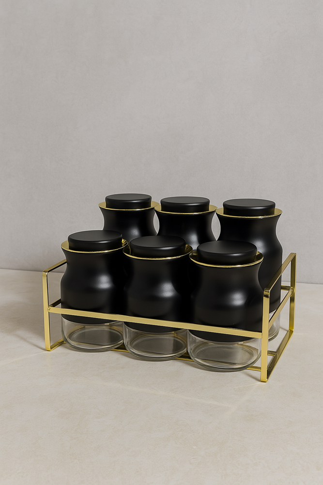 Spice Condiment Jars & Rack Stand 6pc Black O1033HJ