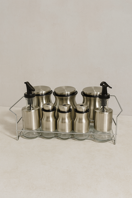 Spice Condiment Jars & Rack Stand 8pc Silver O1013