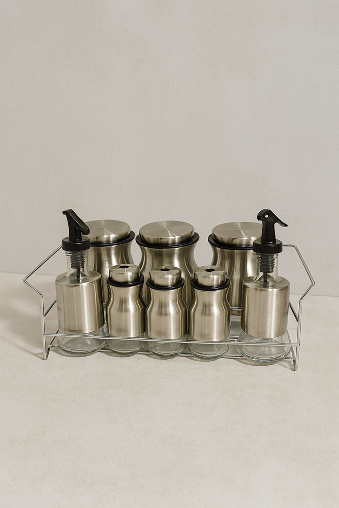 Spice Condiment Jars & Rack Stand 8pc Silver O1013