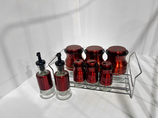 Spice Condiment Jars & Rack Stand 8pc Red O1013H