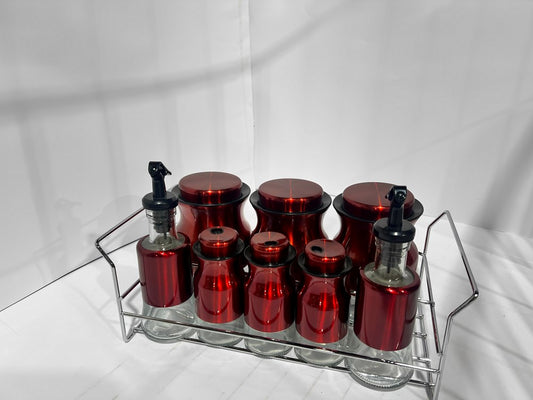 Spice Condiment Jars & Rack Stand 8pc Red O1013H