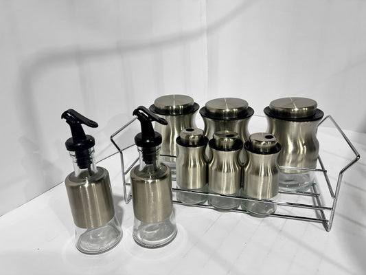 Spice Condiment Jars & Rack Stand 8pc Silver O1013