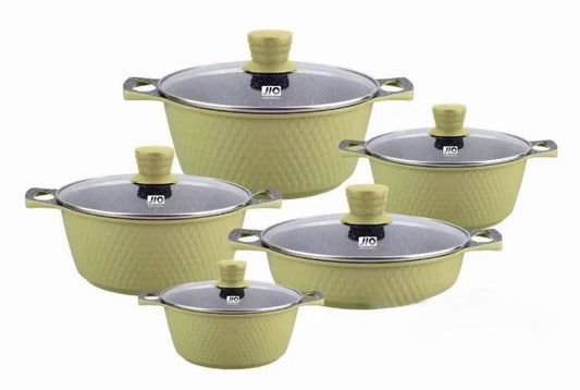 10-piece black granite coating cookware set box J19106 with gas electric and dishwasher safe icons