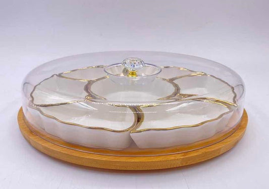Snack Serving Trays with Glass Lid & Wooden Base
