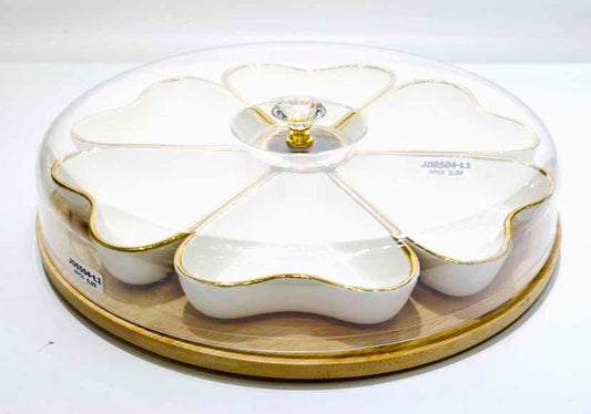 Snack Serving Trays with Glass Lid & Wooden Base