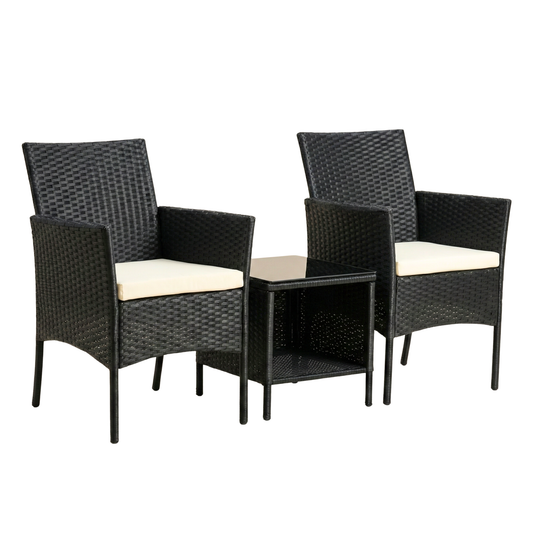 Black rattan outdoor bistro set with two cream cushioned chairs and side table JHA-323