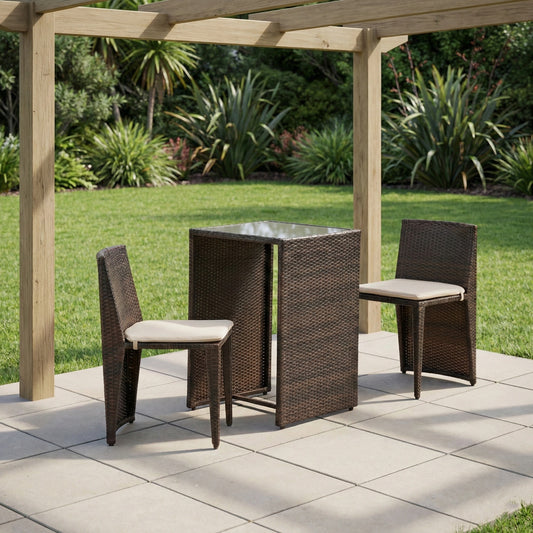 Brown rattan outdoor bistro set with glass top table and cream cushions JHA-50376