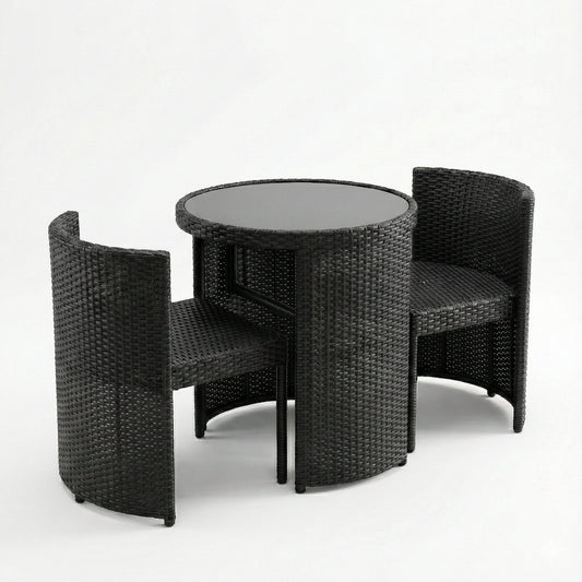 Black 3-piece space saving outdoor rattan bistro set JHA-50377 with nesting chairs and tempered glass table on white background.