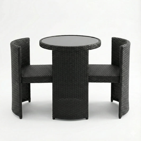 Black 3-piece space saving outdoor rattan bistro set JHA-50377 with nesting chairs and tempered glass table on white background.