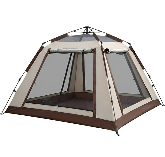 Beige SY-ZP010 6-person automatic camping tent with mesh windows and sunshade canopy