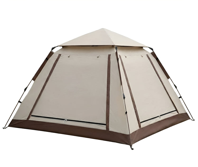 Beige SY-ZP010 6-person automatic camping tent with mesh windows and sunshade canopy