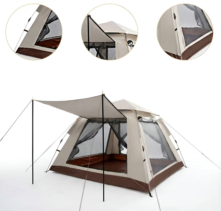 Beige SY-ZP010 6-person automatic camping tent with mesh windows and sunshade canopy