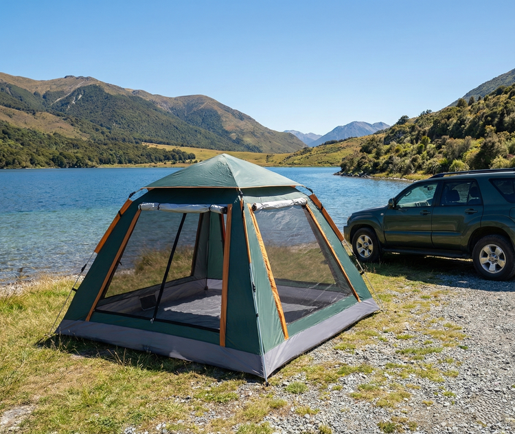 Green SY-ZP010 6-person automatic camping tent with mesh windows and sunshade canopy