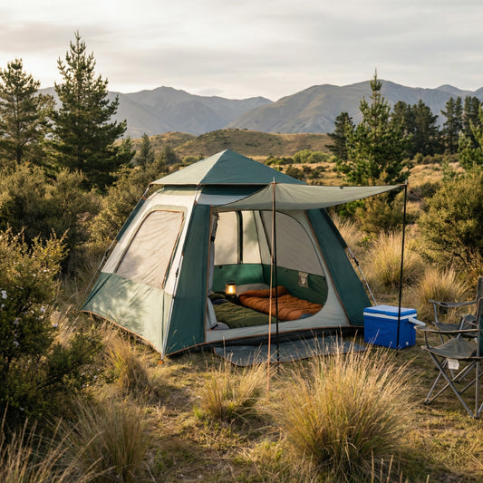 Green auto pop-up sun shade tent SYZP003 with extended awning and mesh windows for fair weather camping.