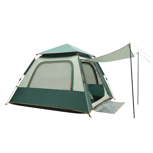 Green auto pop-up sun shade tent SYZP003 with extended awning and mesh windows for fair weather camping.