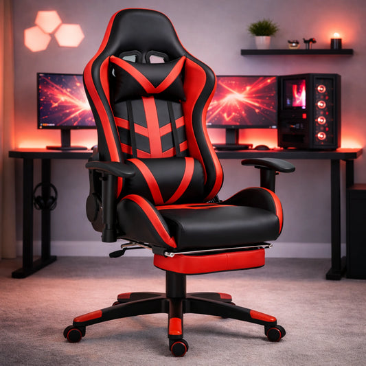 Black and red gaming chair in a room with computer setups.