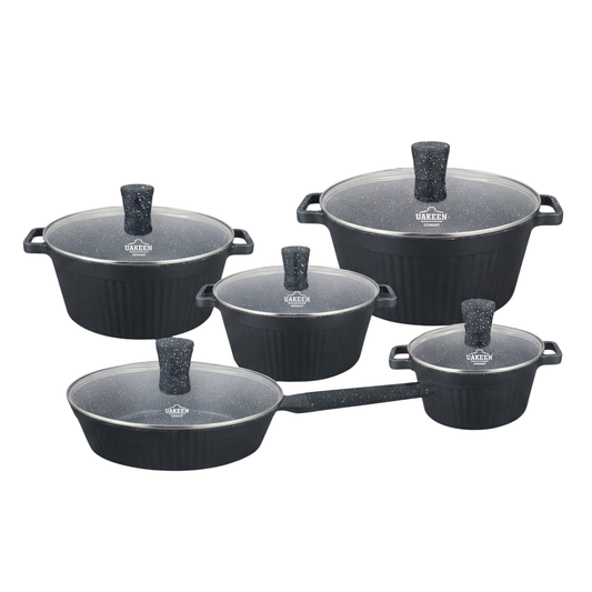 UAKEEN VK-202 PFOA free granite cookware set with glass lids and frypan