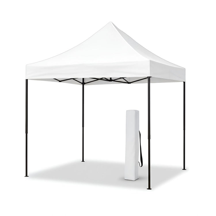 white pop-up gazebo canopy tent with a rolled-up carrying bag on a white background