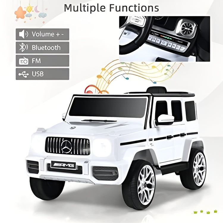 White Mercedes-Benz kids ride on car with  on a white background, featuring multiple functions including volume control, Bluetooth, FM radio, USB, and steering wheel controls.