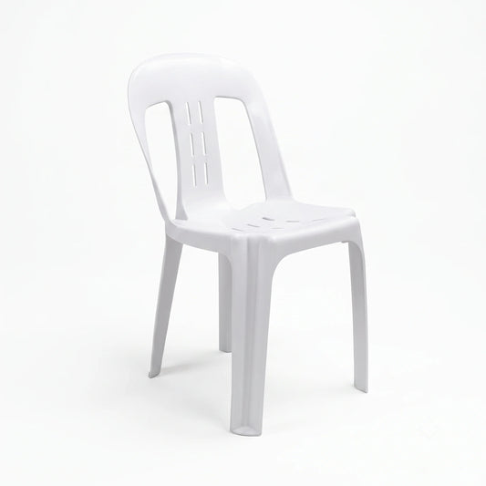 A white molded plastic dining chair with a slatted backrest and seat, shown on a seamless white studio background.