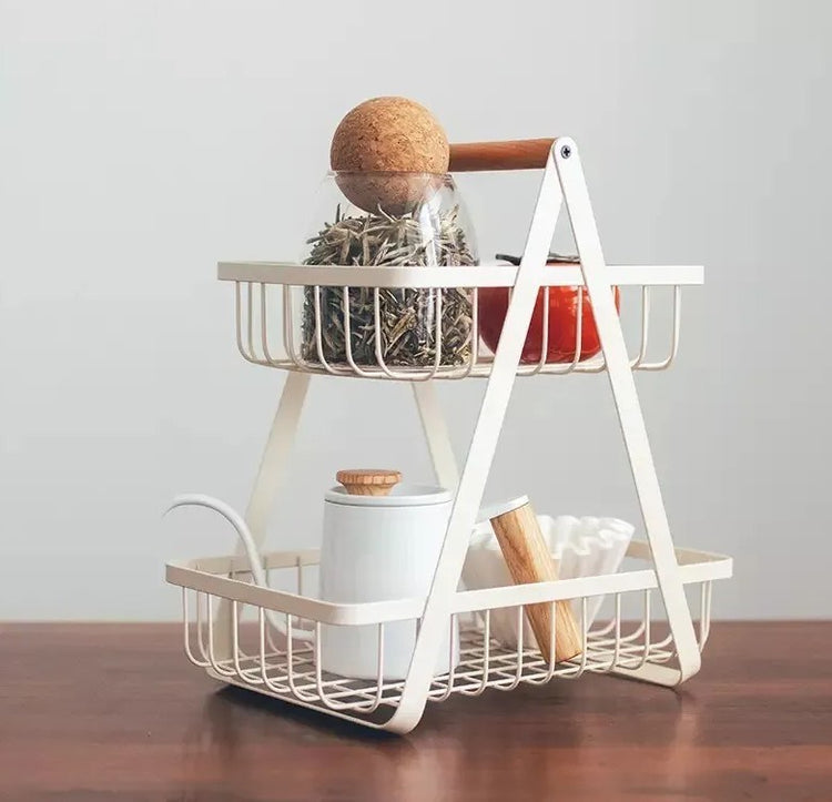 2 Tier Basket Rack Wooden Handle
