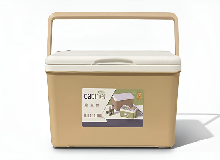 A beige 22-litre and a green 7-litre plastic cooler bin with insulated white lids and carry handles 549