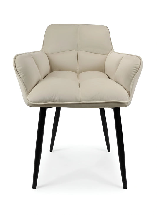 Frontal view of a modern beige velvet dining chair with padded seating UT-C2014