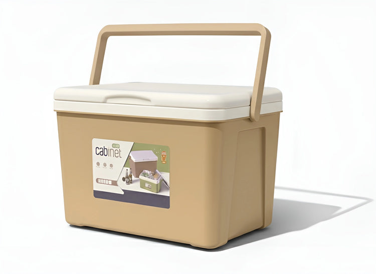 A beige 7-litre and a green 7-litre plastic cooler bin with insulated white lids and carry handles 549
