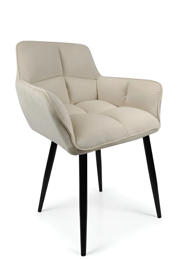 Side view of a modern beige dining chair with tufted upholstery and armrests UT-C2014