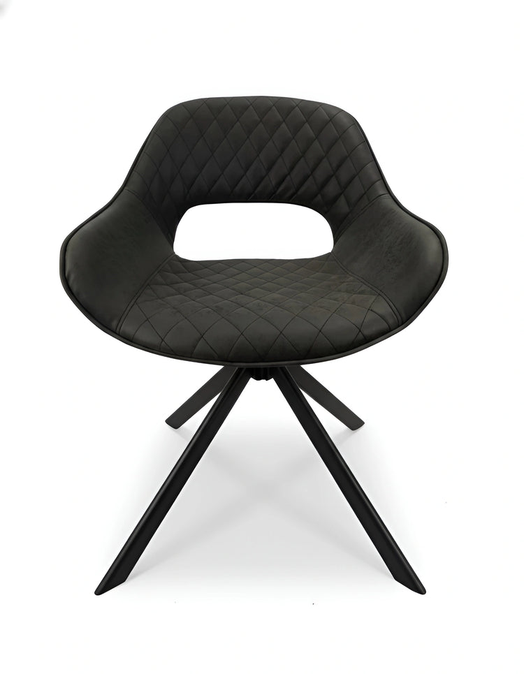 Frontal view of a modern black quilted fabric dining chair with a swivel base UT-C4202