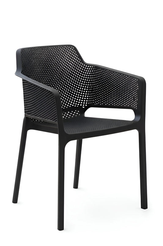 Black plastic patio and dining chair with a grid-patterned back and seat YH-376