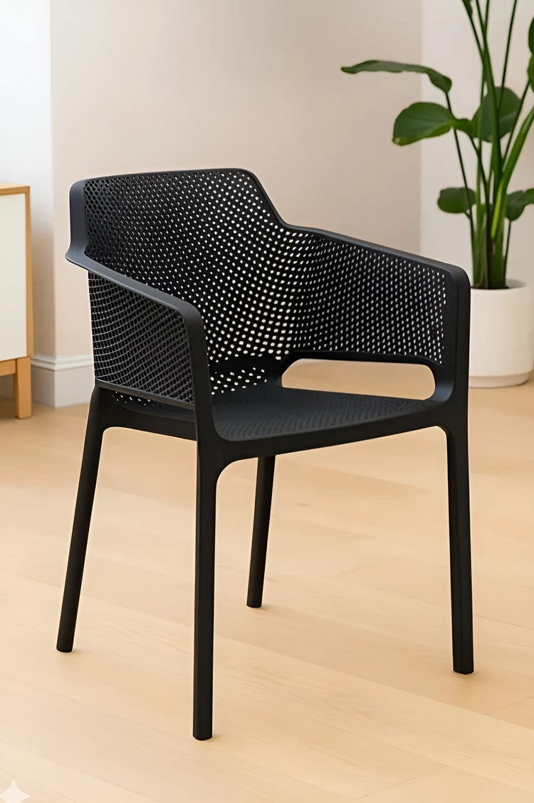 Black plastic patio and dining chair with a grid-patterned back and seat YH-376