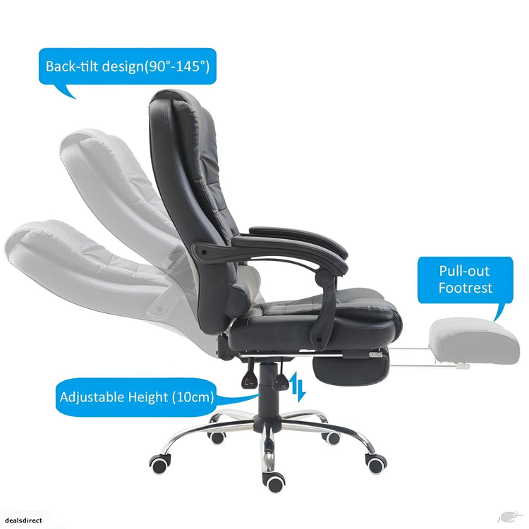 Side view of a black ergonomic massage chair showing 90-145° recline angles and adjustable height UT-C418A