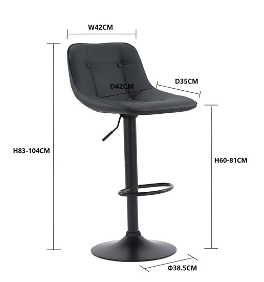 Black PU Leather Adjustable Bar Stool UT-C602 with Tufted Seat and Black Powder-Coated Base.