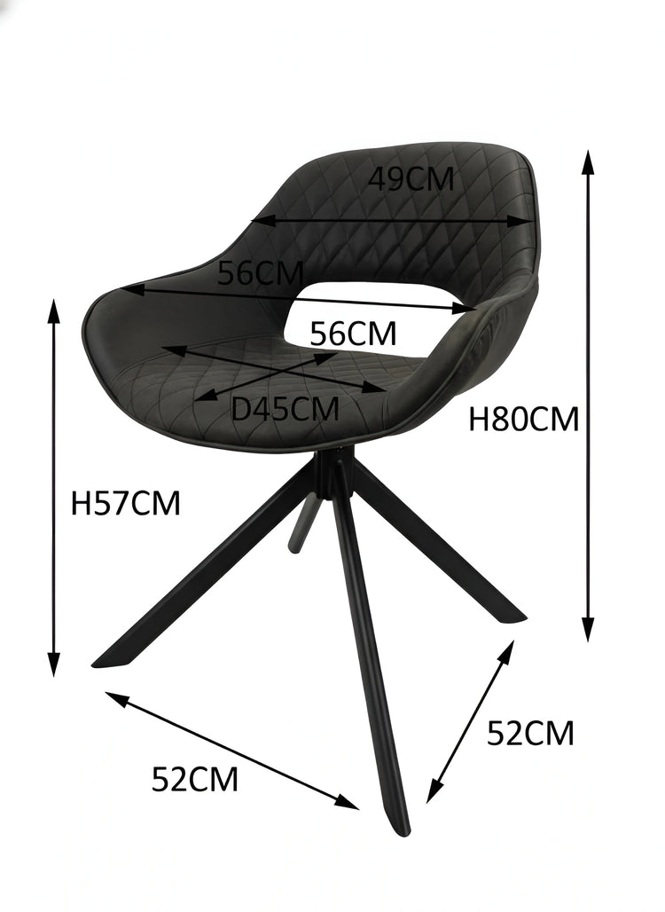 ide view of a black quilted dining chair with all dimensions and measurements UT-C4202
