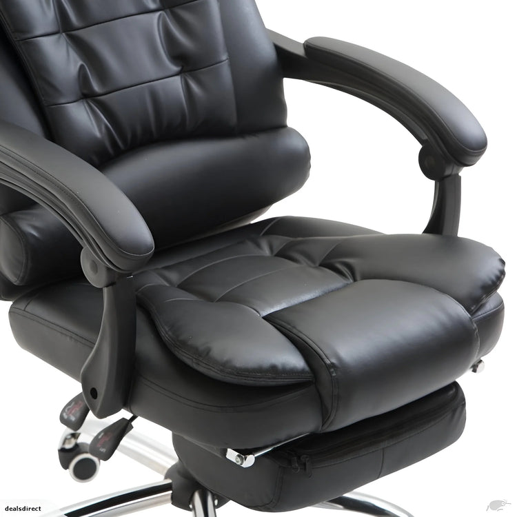 Black leather office chair with reclining feature on a white background