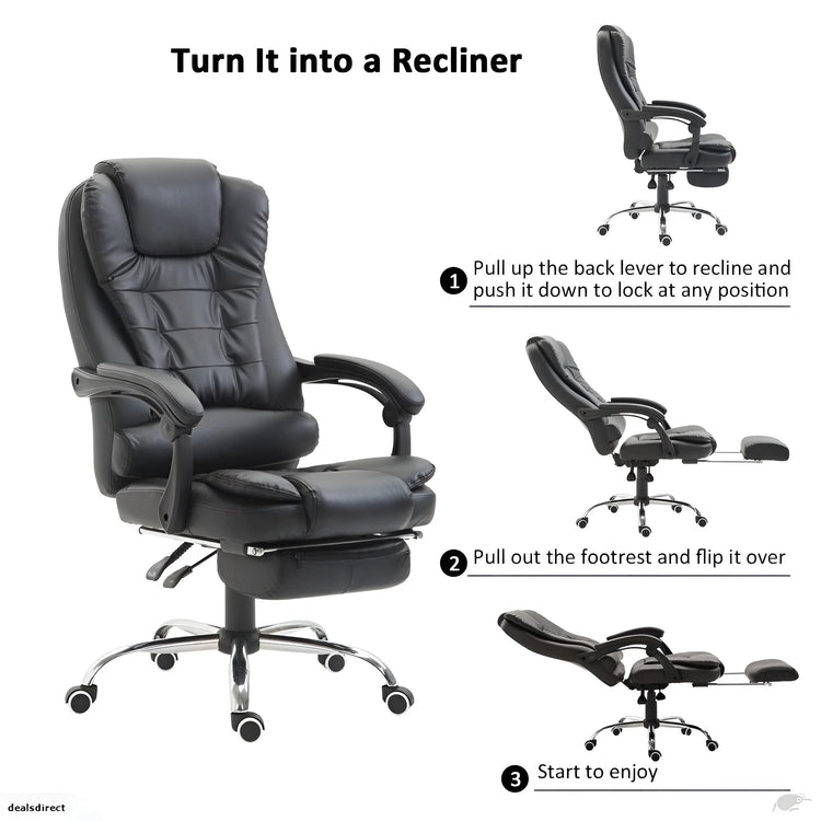 Diagram of a black office massage chair showing how to recline and extend the footrest UT-C418A
