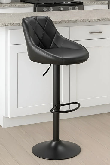 Black PU Leather Bar Stool UT-C847 with Matte Black Base in a white kitchen setting.