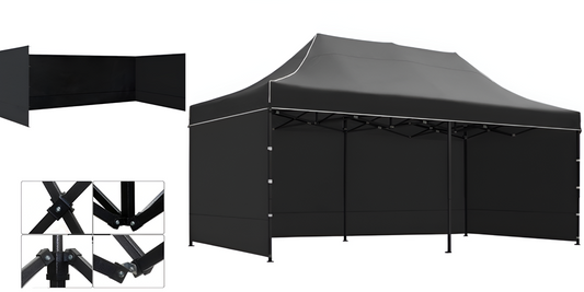Black Gazebo Steel 3m x 6m Heavy Duty Pop-Up with 3 Side Walls | Large Outdoor Shelter