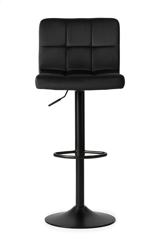 Adjustable Bar Stool in Black Velvet. Features square tufting, gas lift, and Black base