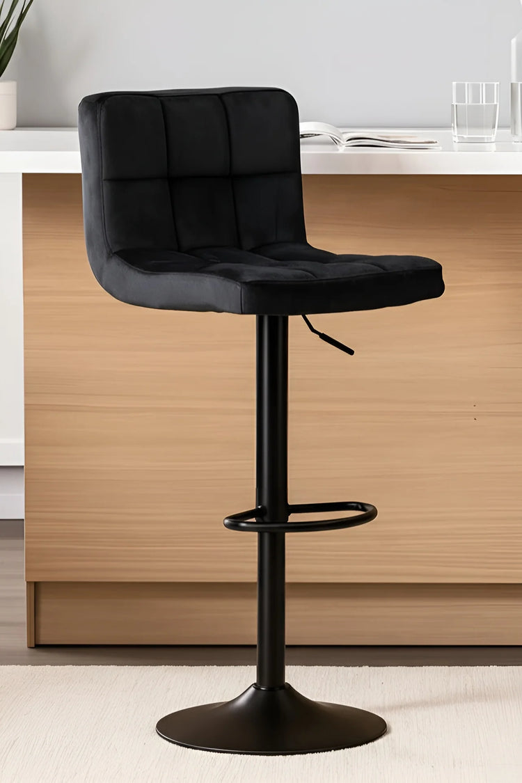Adjustable Bar Stool in Black Velvet. Features square tufting, gas lift, and Black base